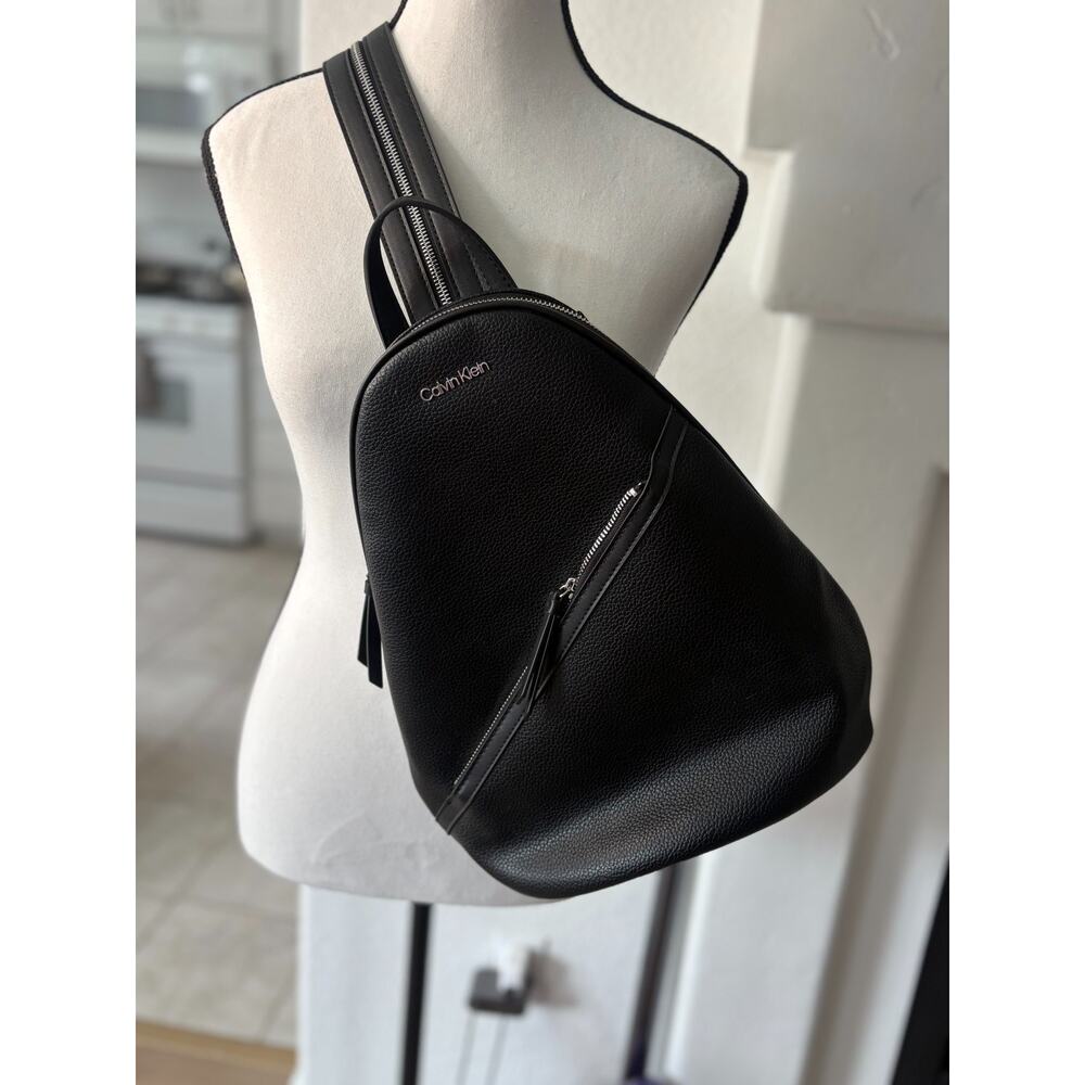 Calvin Klein Black Faux Leather Diagonal Zip Backpack